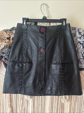 Ramy Brook Black Lamb Leather Mini Skirt with Eyelet Trim
